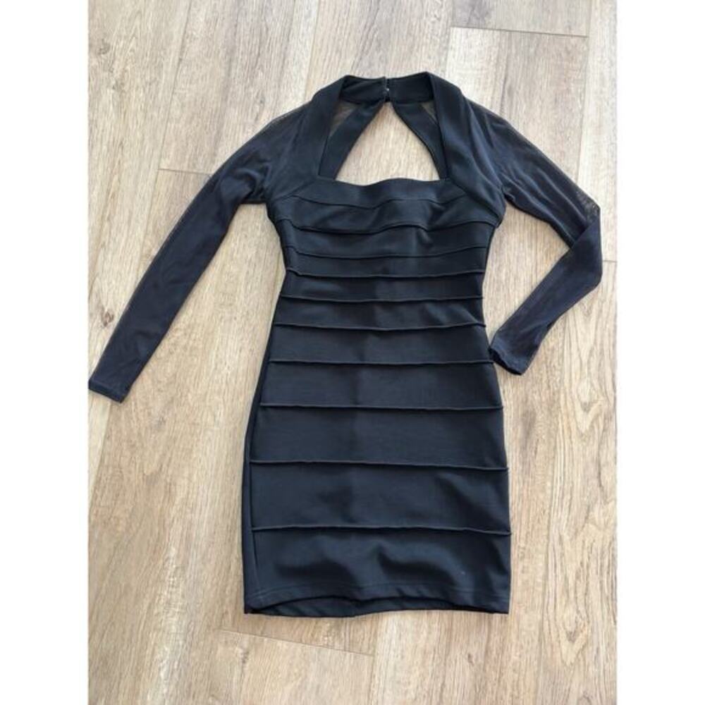 Vtg Y2K Black Bandage Bodycon Rave Cocktail Dress Sheer Sleeve Keyhole Back XS